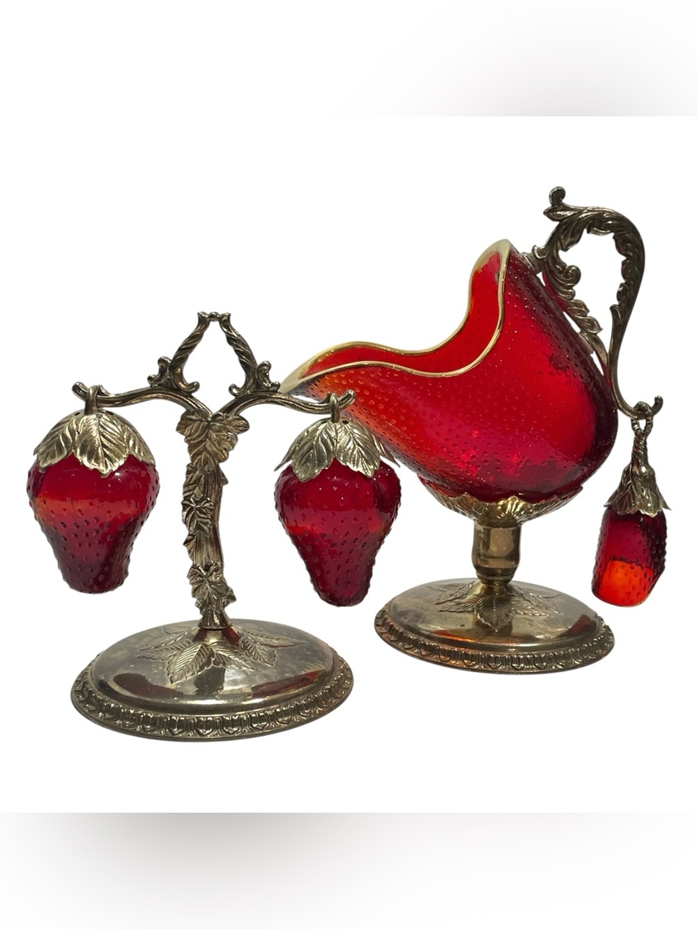 Vintage 1960s Strawberry Glass Metal Coal Scuttle Cellar Salt Pepper Shakers Set